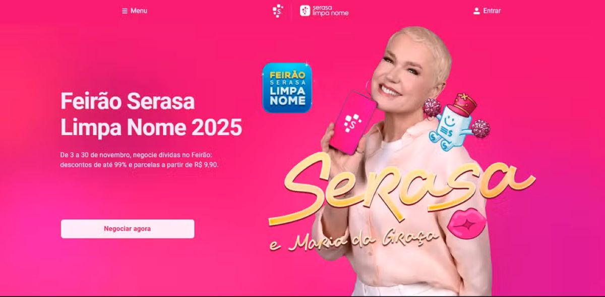 Página do Feirão Serasa Limpa Nome 2025 com Xuxa Meneghel, segurando um celular, ilustrando o passo a passo para negociar dívidas com até 99% de desconto.