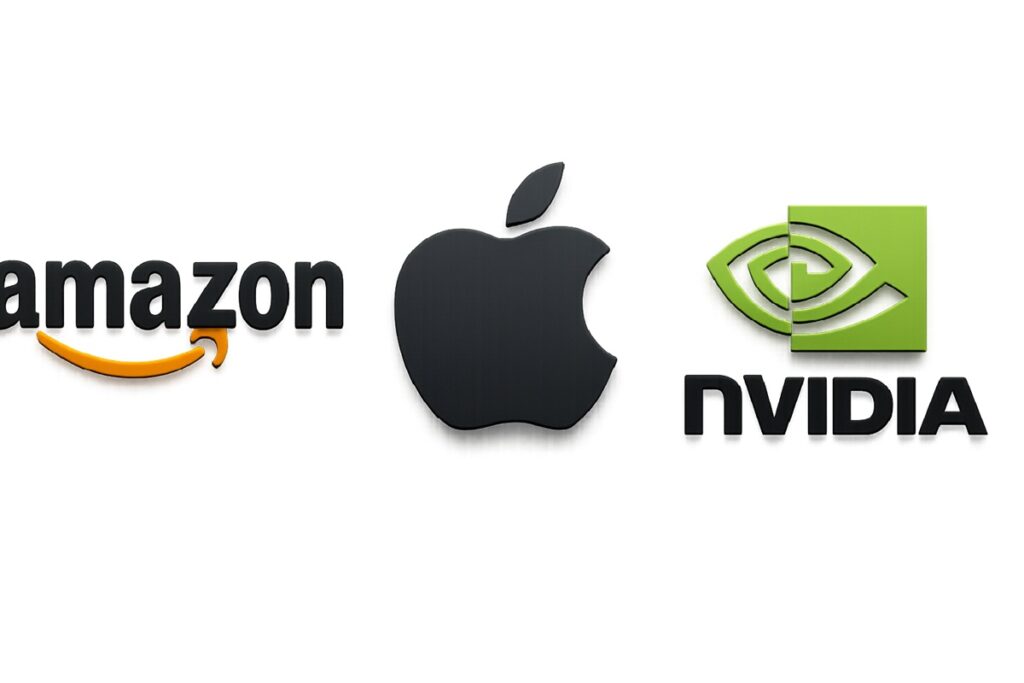 Logotipos das empresas Amazon, Apple e Nvidia em fundo branco alinhados horizontalmente