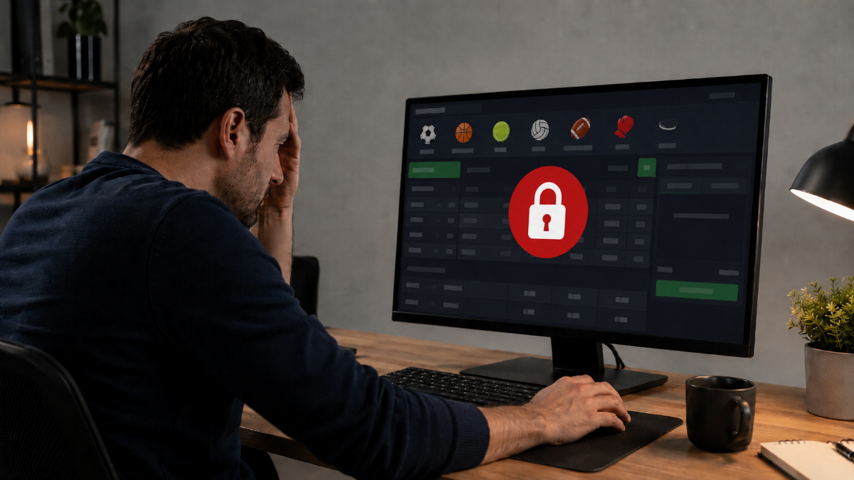Homem angustiado observa tela de computador com aviso vermelho de cadeado e apostas esportivas bloqueadas