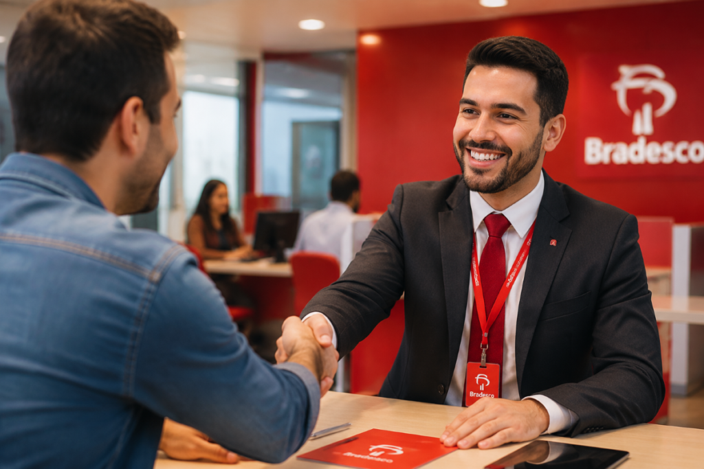 Funcionário do Bradesco de terno e crachá cumprimenta cliente com sorriso em agência vermelha