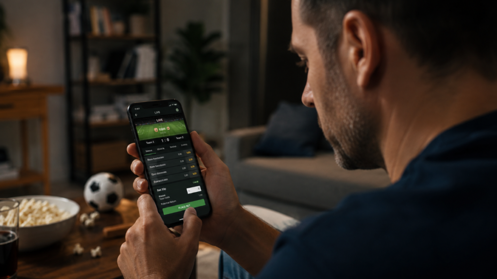 Homem segurando smartphone com aplicativo de aposta esportiva aberto, futebol na TV ao fundo