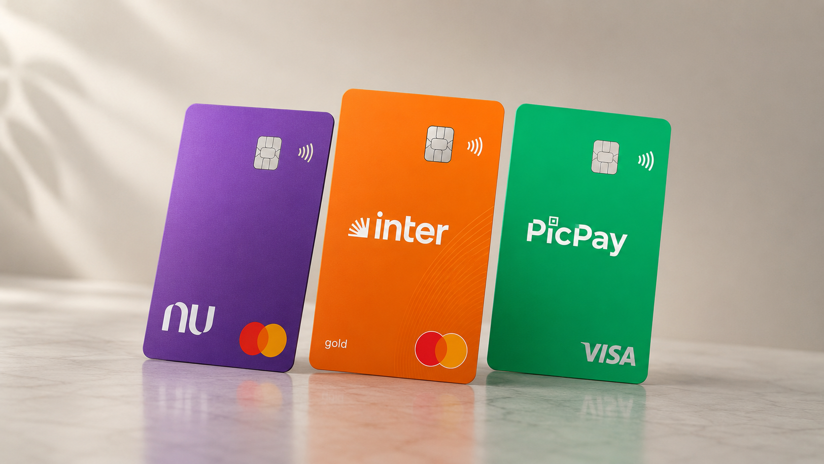 Cartões de crédito Nubank roxo, Inter laranja e PicPay verde juntos em fundo claro
