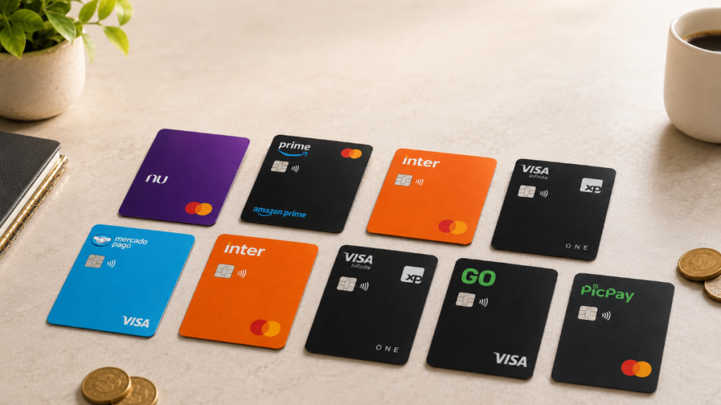 Cartões roxo do Nubank, laranja do Inter e verde do PicPay posicionados verticalmente