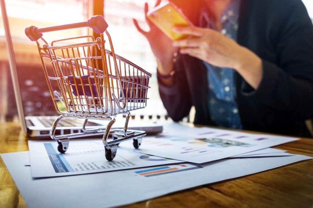 Imagem ilustrativa de carrinho de compras em miniatura sobre planilhas de gastos ao lado de pessoa com celular e notebook