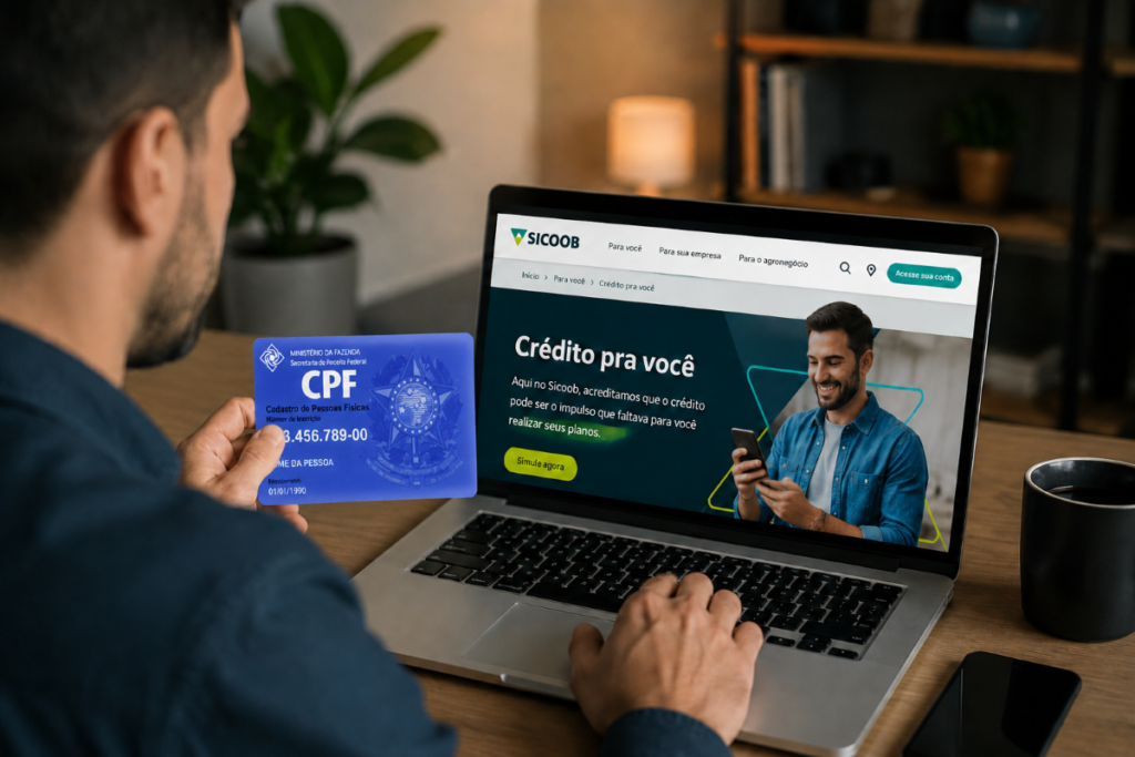 Homem segura CPF azul próximo a notebook aberto na página de crédito do Sicoob