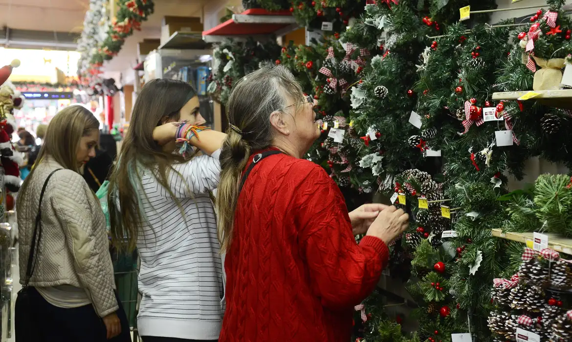 Três mulheres analisam guirlandas e enfeites natalinos em prateleira de loja festiva