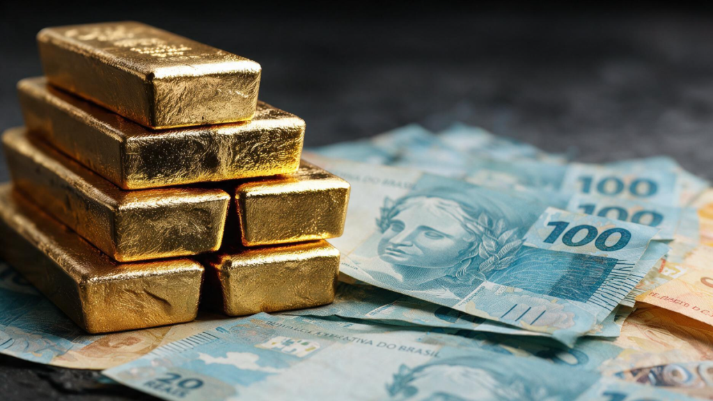 Barras de ouro apoiadas em notas de reais simbolizam riqueza e investimento.