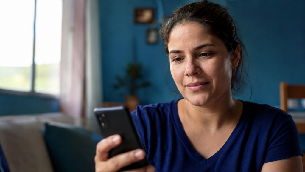 Imagem ilustrativa de mulher de camiseta azul olhando concentrada para o celular na sala de casa, referência ao uso de ferramentas digitais para organizar as finanças e planejar a quitação de dívidas
