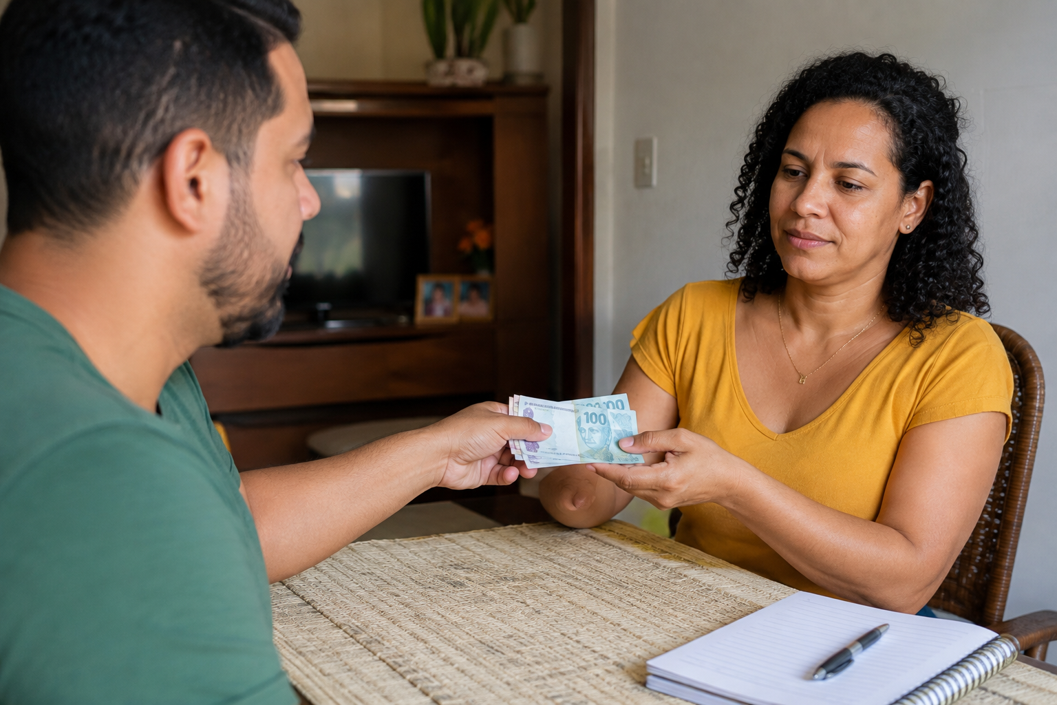 Mulher entrega notas de cem reais a homem jovem, ambos sentados em mesa com caderno e caneta ao lado