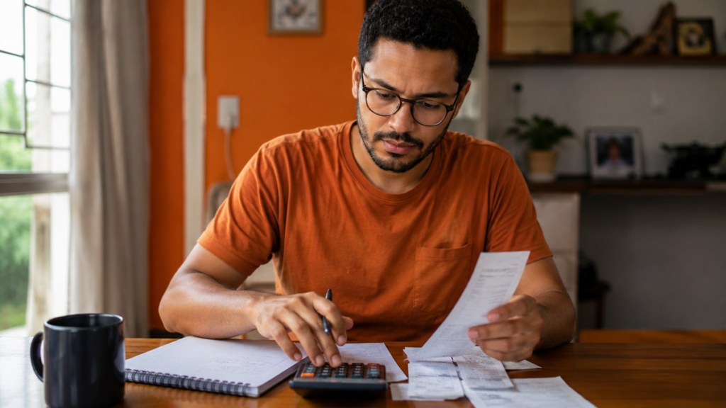 Imagem ilustrativa de trabalhador autônomo somando comprovantes na calculadora com um caderno de anotações à frente, cena ligada à organização das finanças de quem não tem renda fixa.