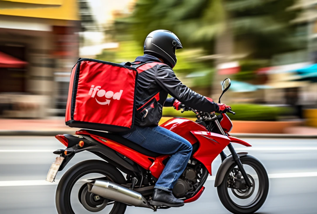 Imagem ilustrativa de entregador em uma moto vermelha com a mochila térmica do iFood nas costas, acelerando por uma rua urbana, referência aos profissionais que podem buscar o financiamento para o veículo de trabalho