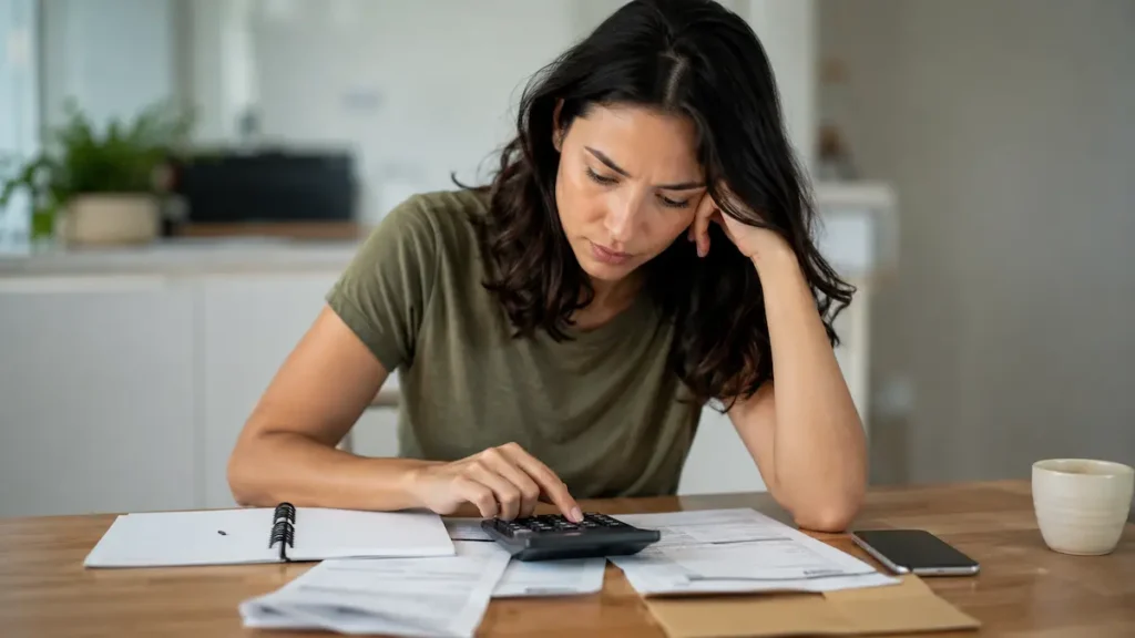 Mulher calcula despesas e analisa contas para organizar o orçamento e evitar dívidas causadas por imprevistos financeiros.