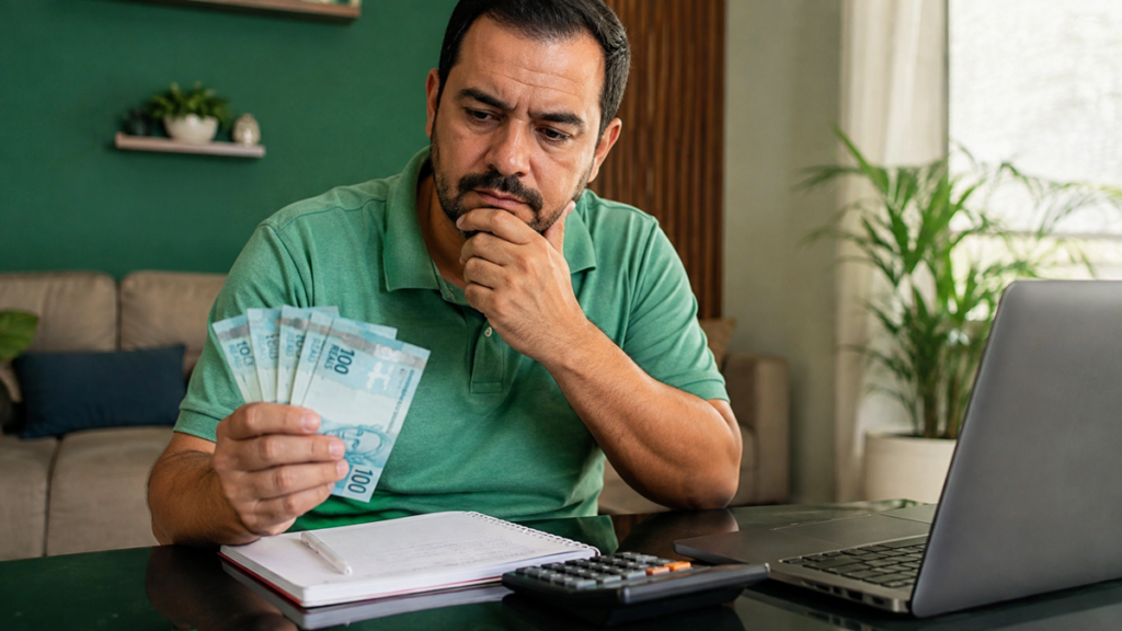 Imagem ilustrativa de homem pensativo segurando cédulas de cem reais diante de uma calculadora e um notebook, representando o cálculo do rendimento de um prêmio