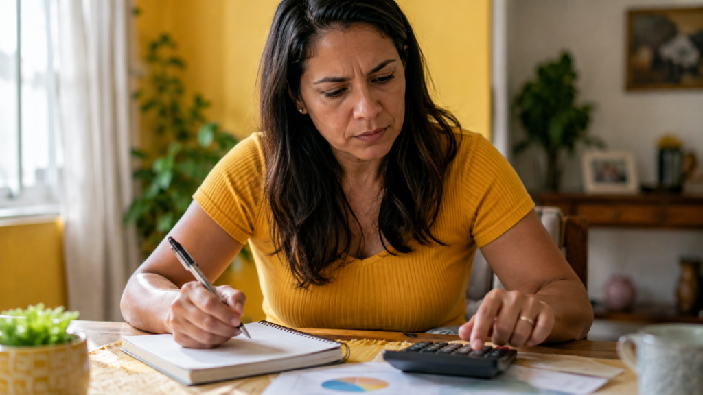 Imagem ilustrativa de mulher anotando contas em um caderno com calculadora e papéis sobre a mesa, cena ligada ao cálculo do valor ideal da reserva de emergência.