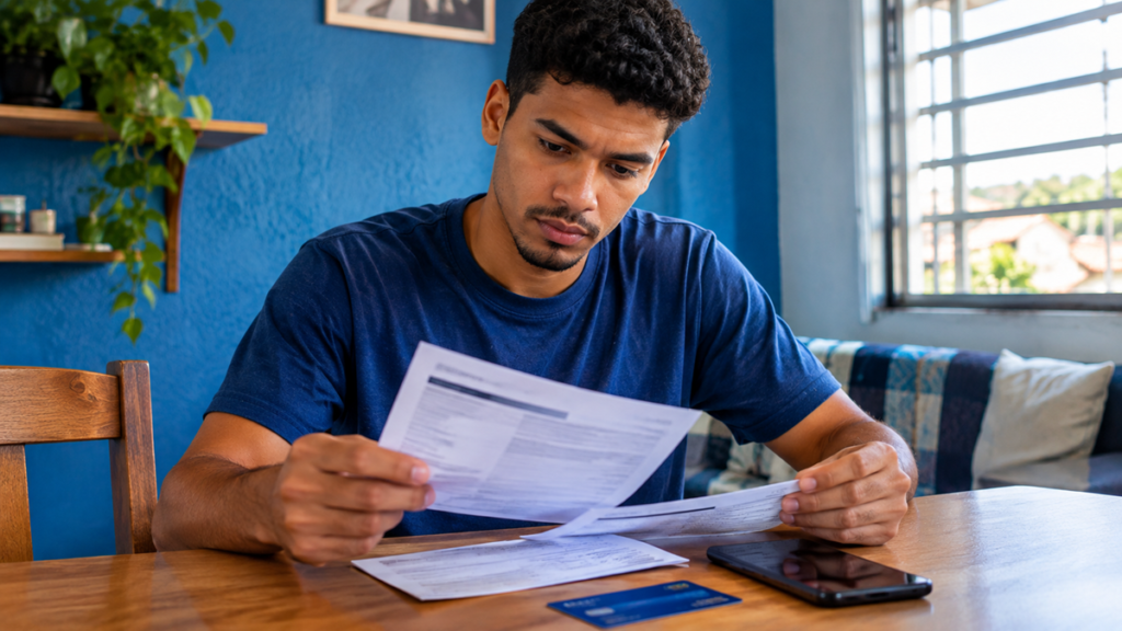 Imagem ilustrativa de homem sentado à mesa de casa analisando documentos impressos, com cartão bancário e celular ao lado, representando a conferência das regras da conta salário.