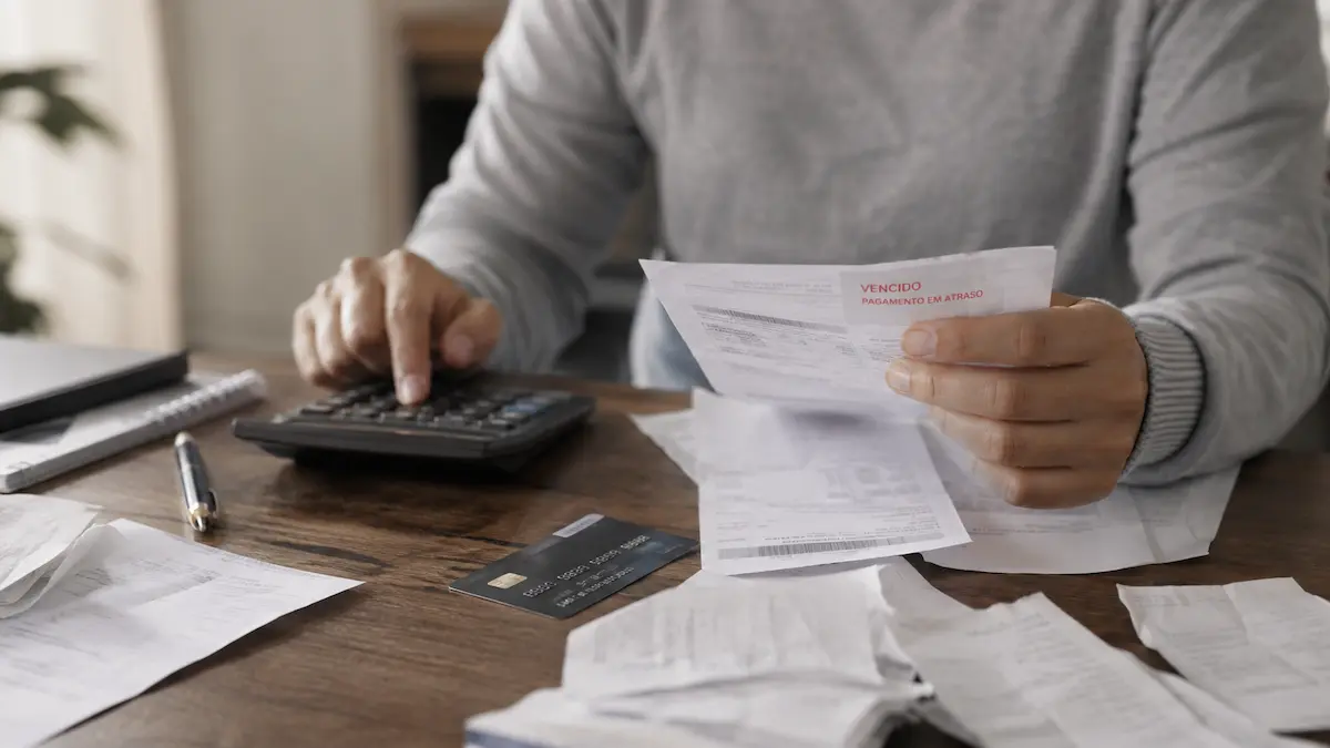 Pessoa confere fatura vencida ao lado de cartão de crédito e calculadora.