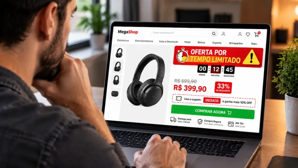 Consumidor analisa oferta-relâmpago em loja virtual com desconto e contador de tempo em notebook.