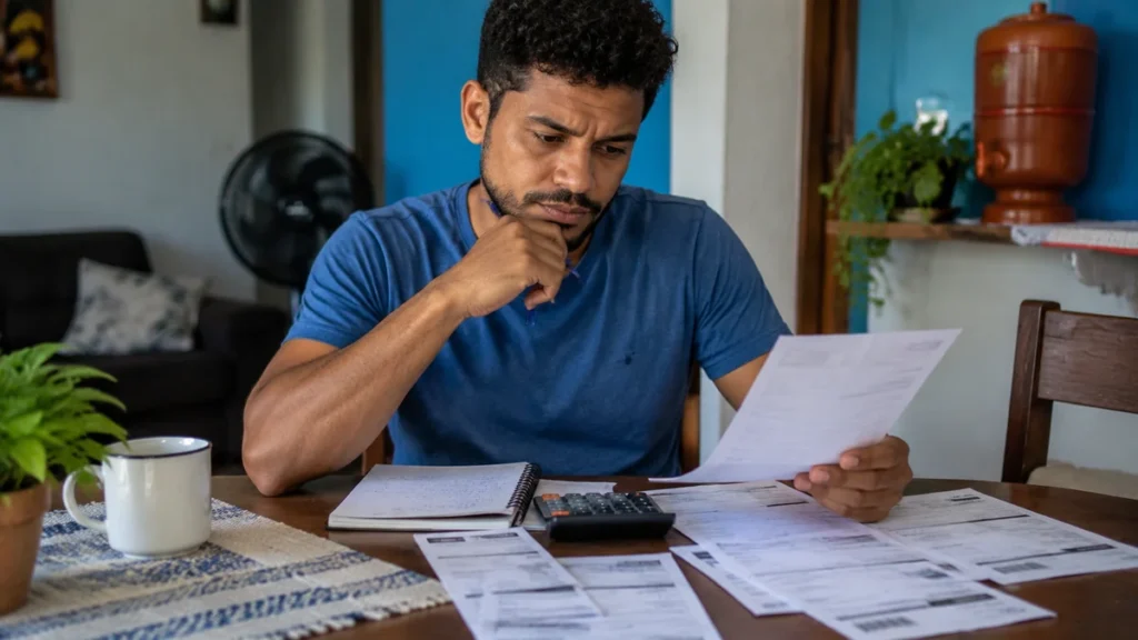 Pessoa analisando contas e documentos financeiros para organizar um plano de pagamento de dívidas.