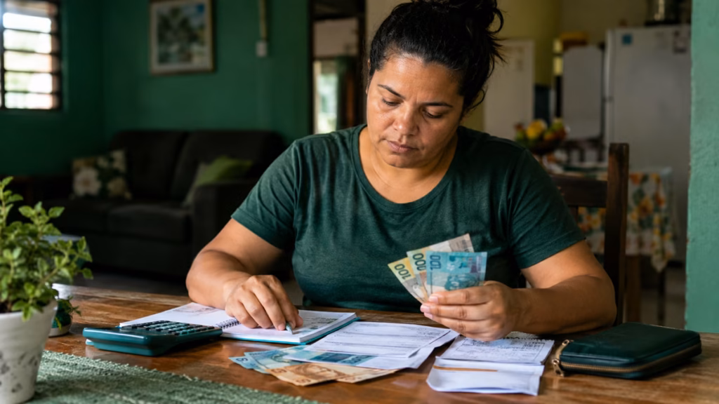 Imagem ilustrativa de mulher contando cédulas de R$ 100 em casa, com boletos, caderno e calculadora sobre a mesa, ao organizar as finanças até dezembro