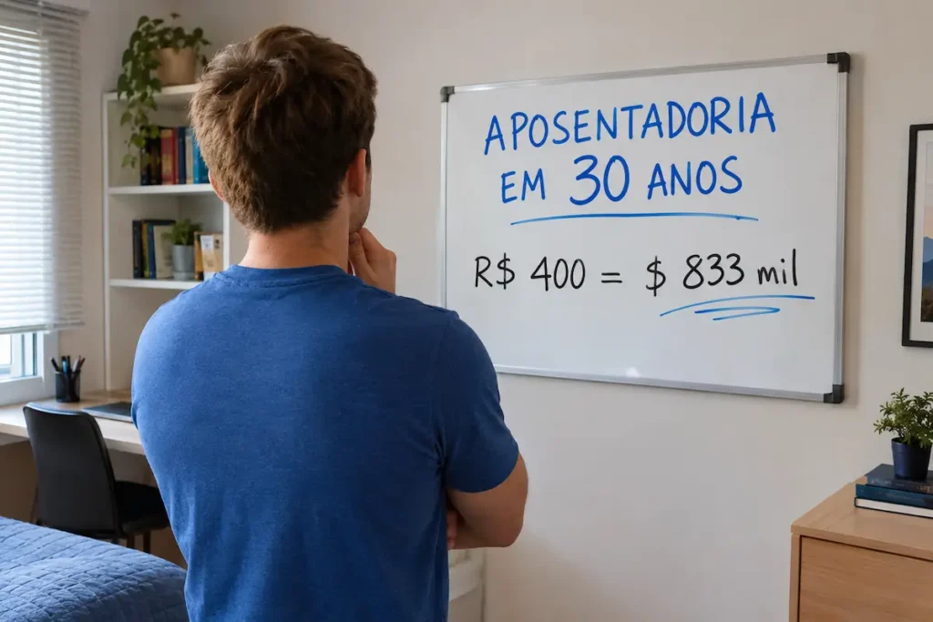 Homem observa cálculos sobre aposentadoria em um quarto organizado.